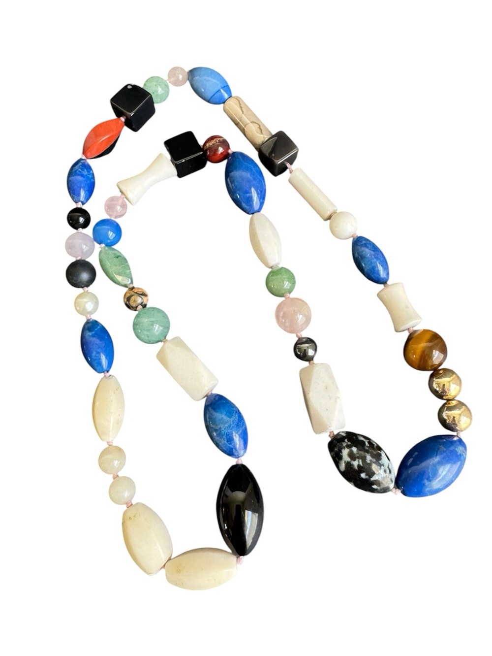 Vintage Gemstone Beaded Necklace Semi Precious Stone Chunky Handmade 28"